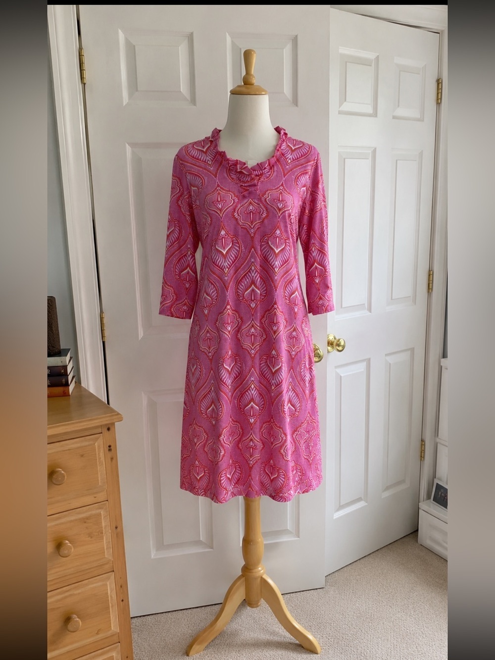 J. McLaughlin Pink White Orange 3/4 Sleeve Durham Dress Small NEW